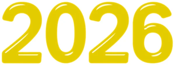 Inscripción 2026 Vidrio Amarillo Plástico Aislado Sobre Fondo Blanco Render — Foto de Stock