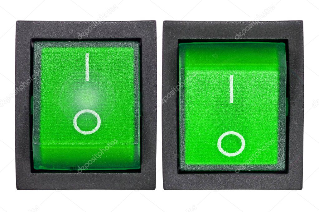 Green power switch, isolated on white background, with clipping pat