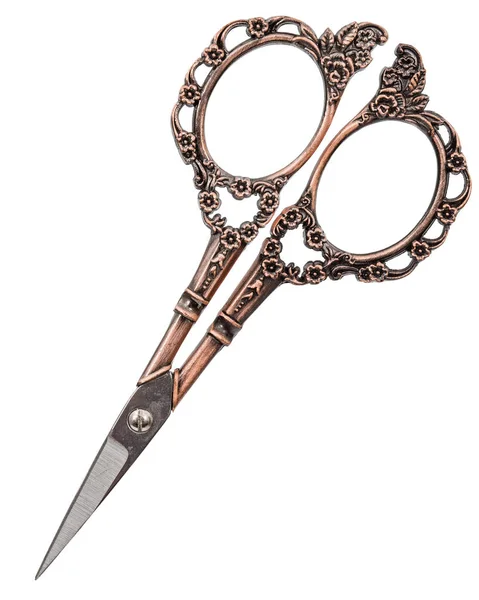 Scissors Curly Handles Bronze Isolated White Background — Stock Photo, Image