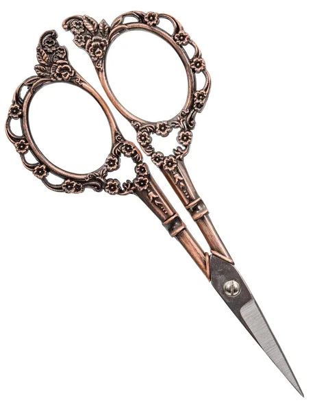 Scissors Curly Handles Bronze Isolated White Background — Stock Photo, Image