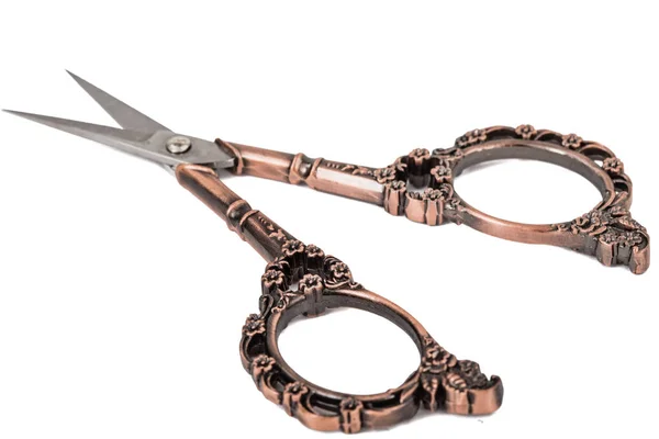 Scissors Curly Handles Bronze Isolated White Background — Stock Photo, Image