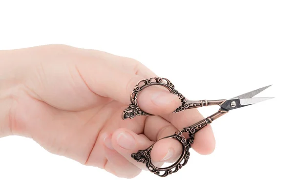 Female Hand Holds Pair Scissors Isolated White Background — Stock Photo, Image