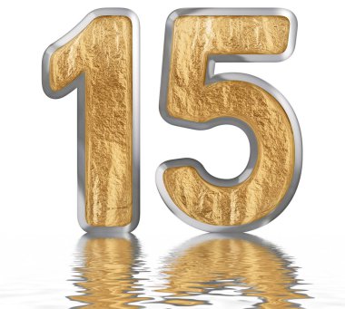 Rakamı 15, on beş, su üzerinde yansıyan yüzey, izole üzerinde beyaz, 3d render