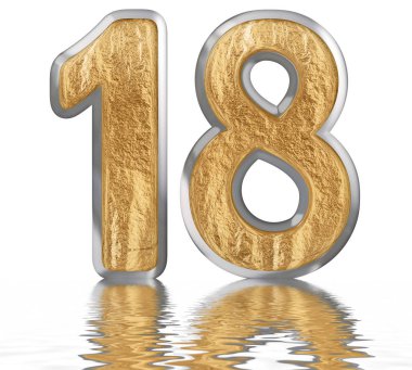 Rakamı 18, on sekiz, su üzerinde yansıyan yüzey, izole üzerinde beyaz, 3d render