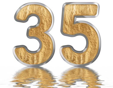 Rakamı 35, otuz beş, izole beyaz, su yüzeyine yansıyan 3d render