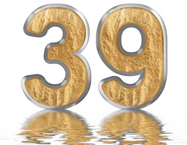 Rakamı 39, otuz dokuz, izole beyaz, su yüzeyine yansıyan 3d render