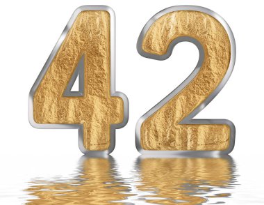 Rakamı 42, kırk iki, izole beyaz, su yüzeyine yansıyan 3d render