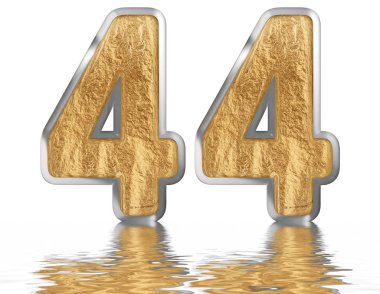 Rakamı 44, kırk dört, izole beyaz, su yüzeyine yansıyan 3d render