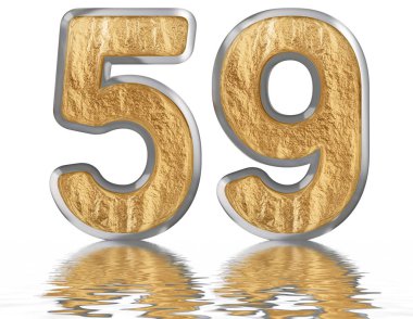 Sayı 59, elli dokuz, izole beyaz, su yüzeyine yansıyan 3d render