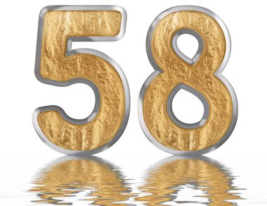 Rakamı 58, elli sekiz, izole beyaz, su yüzeyine yansıyan 3d render