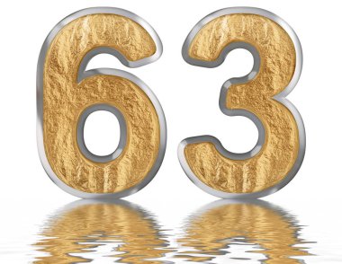 Rakamı 63, altmış üç, izole beyaz, su yüzeyine yansıyan 3d render
