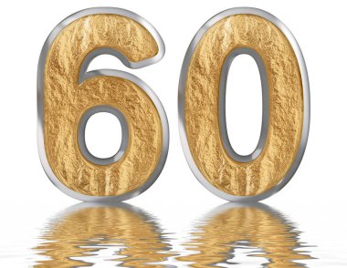 Rakamı 60, altmış, su üzerinde yansıyan yüzey, izole üzerinde beyaz, 3d render