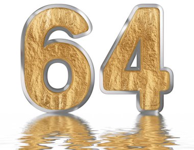Rakamı 64, altmış dört, izole beyaz, su yüzeyine yansıyan 3d render