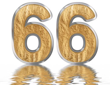 Rakamı 66, altmış altı, izole beyaz, su yüzeyine yansıyan 3d render