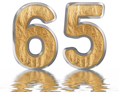 Rakamı 65, altmış beş, izole beyaz, su yüzeyine yansıyan 3d render