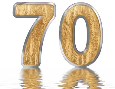 Rakamı 70, yetmiş, su üzerinde yansıyan yüzey, izole üzerinde beyaz, 3d render