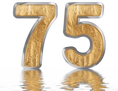 Rakamı 75, yetmiş beş, izole beyaz, su yüzeyine yansıyan 3d render