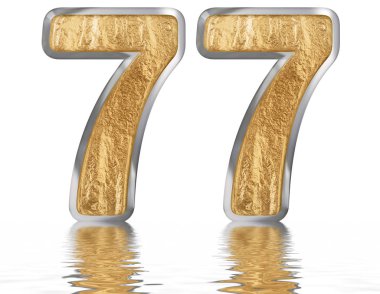 Rakamı 77, yetmiş yedi, izole beyaz, su yüzeyine yansıyan 3d render
