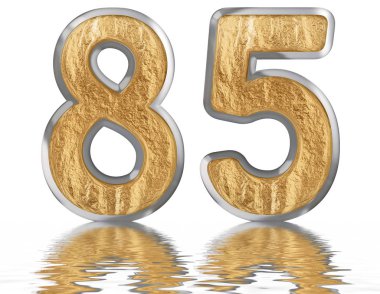Rakamı 85, Seksen beş, izole beyaz, su yüzeyine yansıyan 3d render