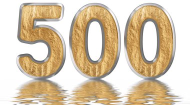 Rakamı 500, 500, izole beyaz, su yüzeyine yansıyan 3d render