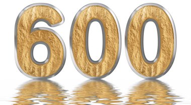 Rakamı 600, altı yüz, izole beyaz, su yüzeyine yansıyan 3d render
