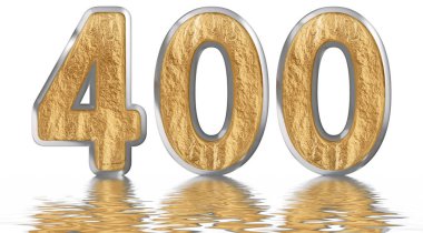 Rakamı 400, dört yüz, izole beyaz, su yüzeyine yansıyan 3d render