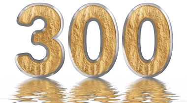 Rakamı 300, üç yüz, izole beyaz, su yüzeyine yansıyan 3d render