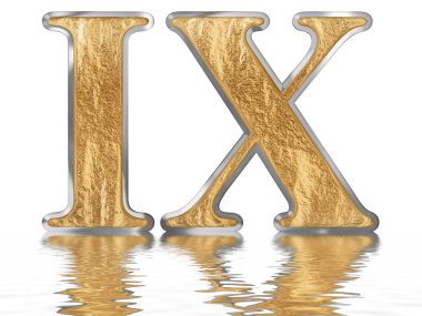 Rakamı 9, 9, su üzerinde yansıyan yüzey, izole üzerinde beyaz, 3d render