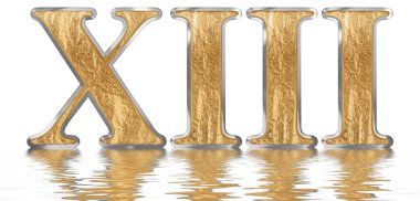 Rakamı 13, 13, su üzerinde yansıyan yüzey, izole üzerinde beyaz, 3d render