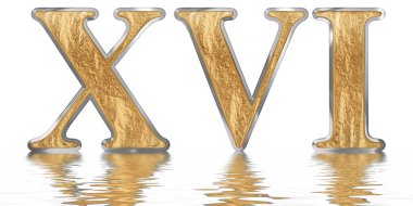 Rakamı 16, 16, su üzerinde yansıyan yüzey, izole üzerinde beyaz, 3d render