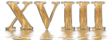 Rakamı 18, on sekiz, su üzerinde yansıyan yüzey, izole üzerinde beyaz, 3d render