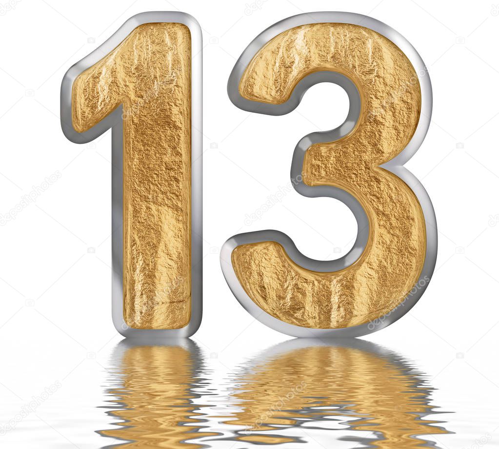 Numeral 13, thirteen, reflected on the water surface, isolated on white, 3d render