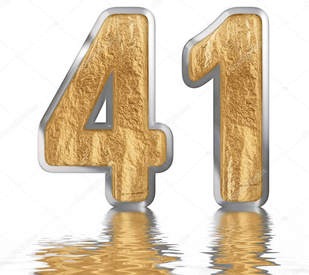 Numeral 41, forty one, reflected on the water surface, isolated on white, 3d render