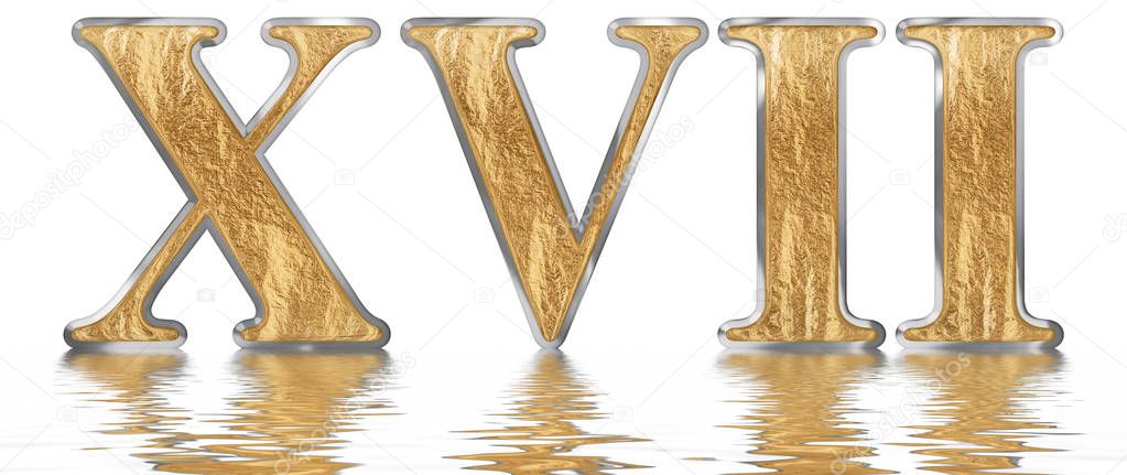Numeral 17, seventeen, reflected on the water surface, isolated on  white, 3d render