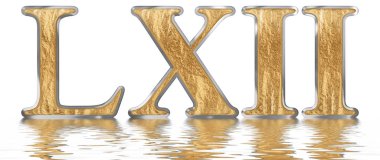 Rakamı 62, altmış iki, izole beyaz, su yüzeyine yansıyan 3d render