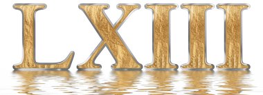 Rakamı 63, altmış üç, izole beyaz, su yüzeyine yansıyan 3d render