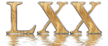 Rakamı 70, yetmiş, su üzerinde yansıyan yüzey, izole üzerinde beyaz, 3d render