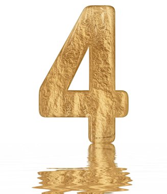 Rakamı 4, 4, su üzerinde yansıyan yüzey, izole üzerinde beyaz, 3d render