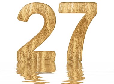 Sayı 27, yirmi yedi, izole beyaz, su yüzeyine yansıyan 3d render