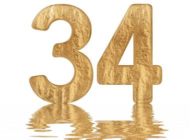 Sayı 34, otuz dört, izole beyaz, su yüzeyine yansıyan 3d render