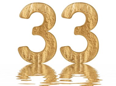 Sayı 33, otuz üç, izole beyaz, su yüzeyine yansıyan 3d render