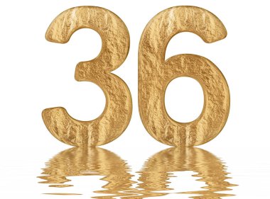 Sayı 36, otuz altı, izole beyaz, su yüzeyine yansıyan 3d render