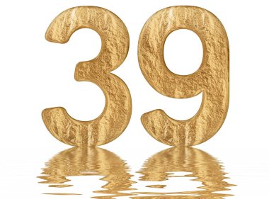 Rakamı 39, otuz dokuz, izole beyaz, su yüzeyine yansıyan 3d render