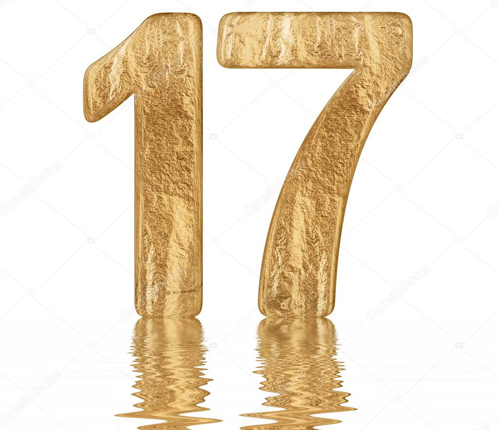 Numeral 17, seventeen, reflected on the water surface, isolated on  white, 3d render