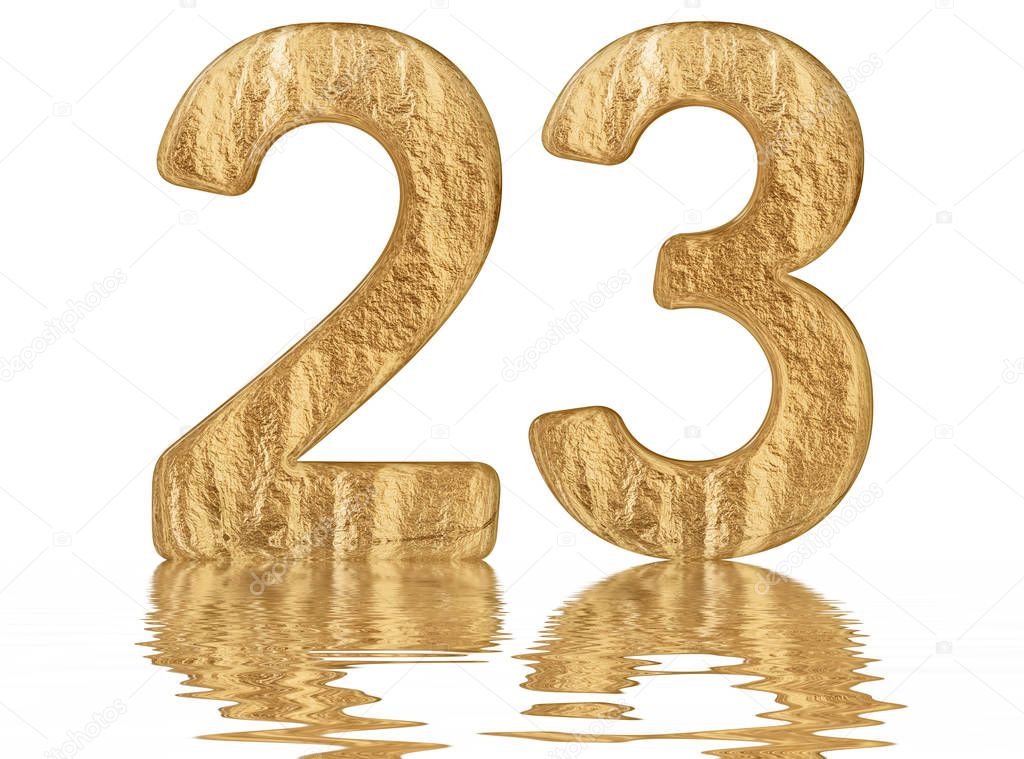 Numeral 23, twenty three, reflected on the water surface, isolated on  white, 3d rende