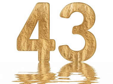 Rakamı 43, kırk üç, izole beyaz, su yüzeyine yansıyan 3d render