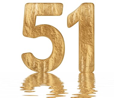 Rakamı 51, elli bir, izole beyaz, su yüzeyine yansıyan 3d render