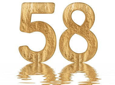 Rakamı 58, elli sekiz, izole beyaz, su yüzeyine yansıyan 3d render