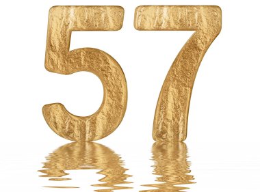 Rakamı 57, elli yedi, izole beyaz, su yüzeyine yansıyan 3d render