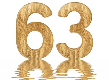 Rakamı 63, altmış üç, izole beyaz, su yüzeyine yansıyan 3d render